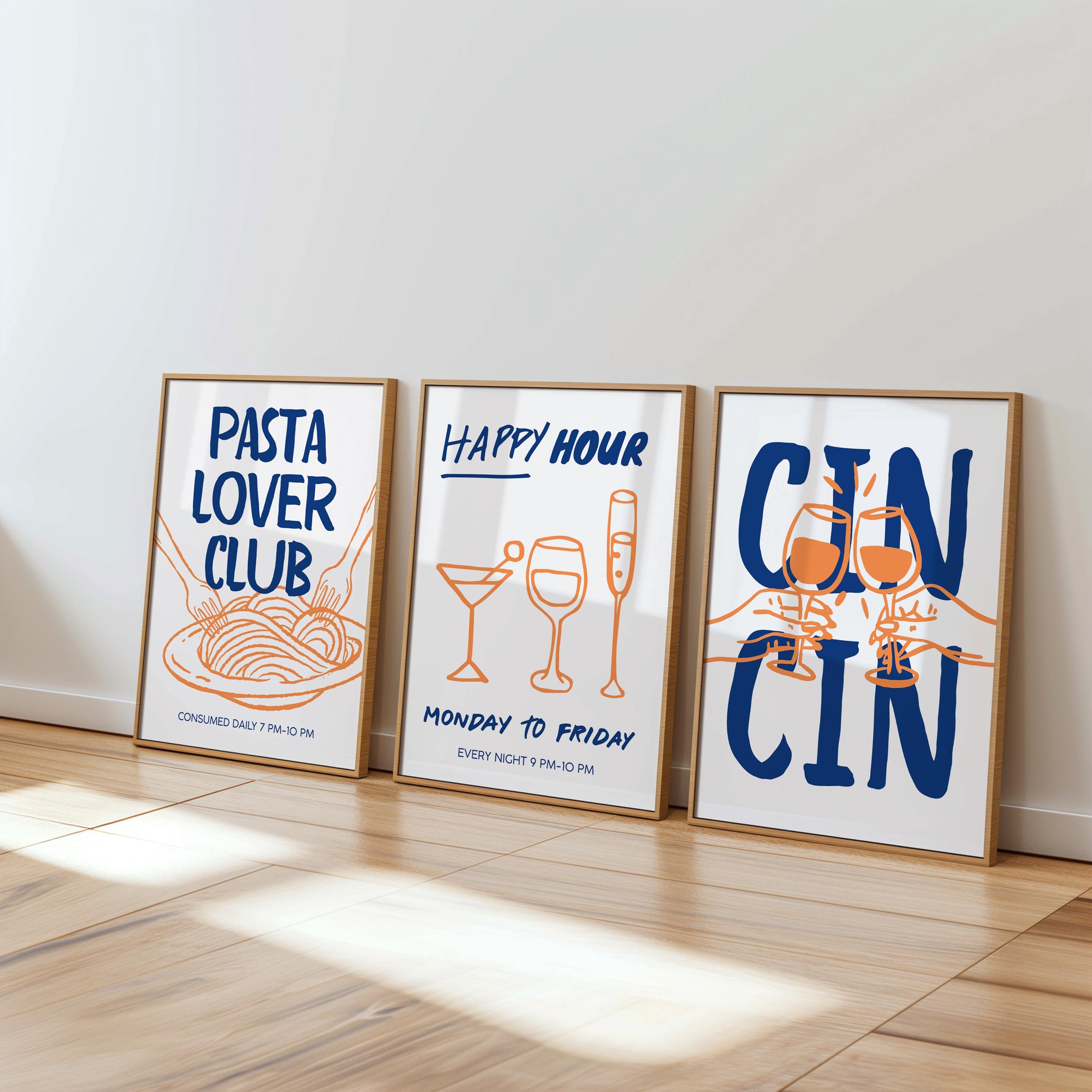 Italian Kitchen Wall Art Set of 6, Wine and Pasta Printable Bundle, Happy Hour Bar Cart Prints, Navy Orange Kitchen Decor, Wine Lover Gift