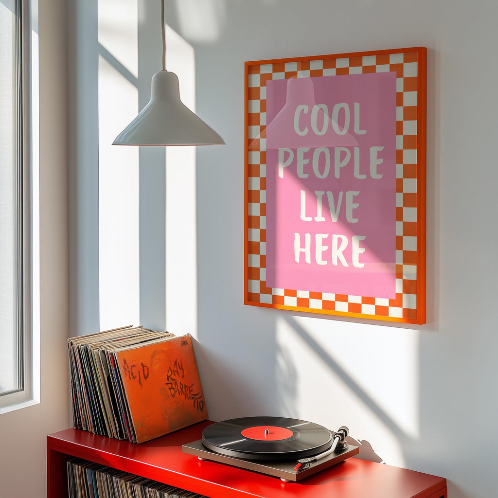 Dopamine Wall Art Printable, Cool People Live Here Poster, Retro Pink Checkered Decor, Funky Apartment Wall Art, Trendy Maximalist Print