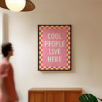 Dopamine Wall Art Printable, Cool People Live Here Poster, Retro Pink Checkered Decor, Funky Apartment Wall Art, Trendy Maximalist Print