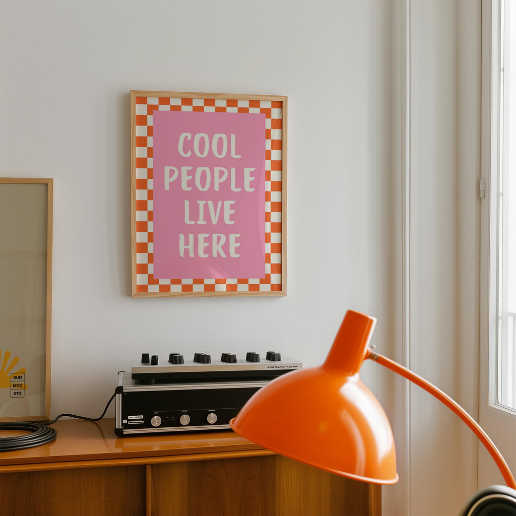 Dopamine Wall Art Printable, Cool People Live Here Poster, Retro Pink Checkered Decor, Funky Apartment Wall Art, Trendy Maximalist Print