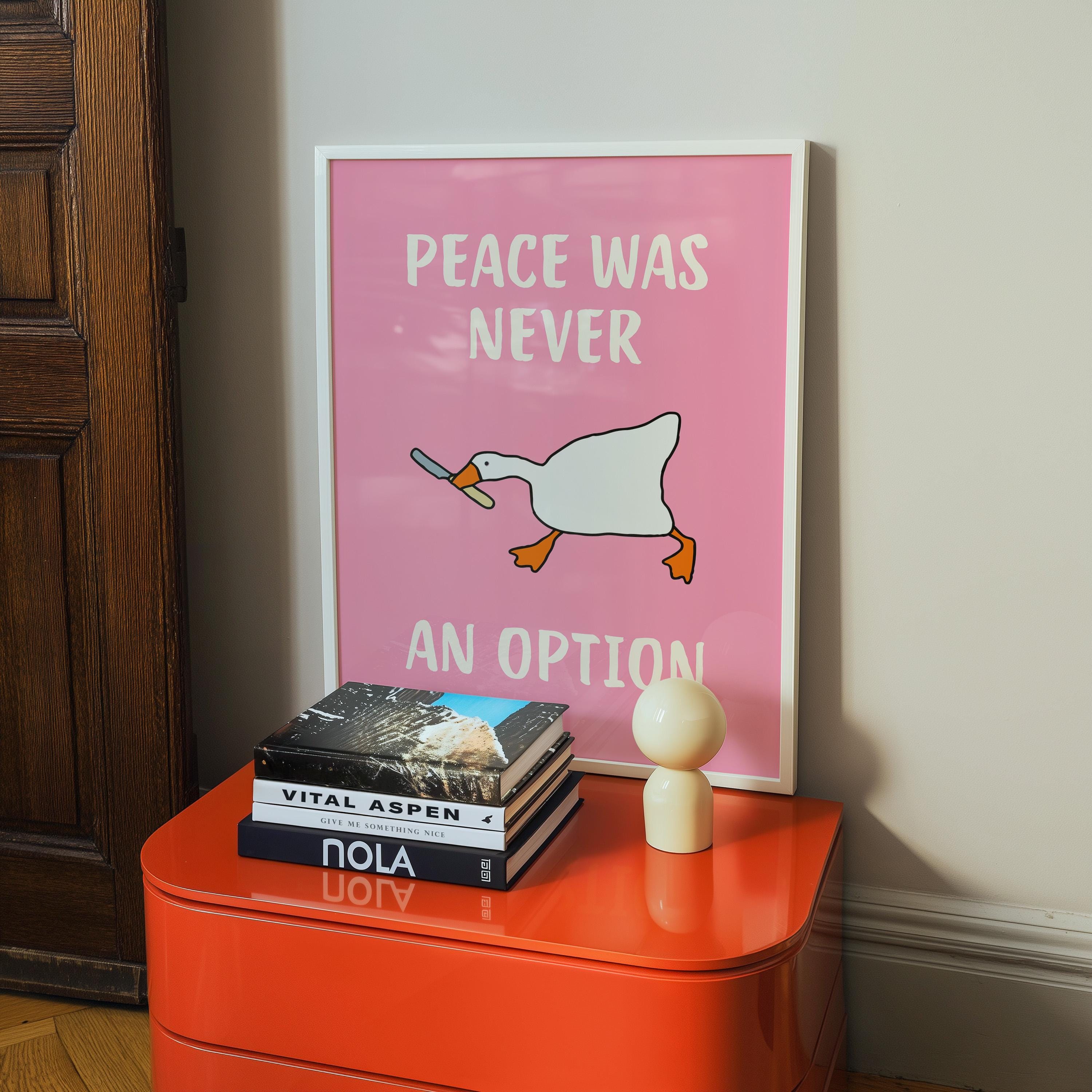 Peace Was Never An Option Print, Funny Goose Wall Art, Dopamine Pink Poster, Quirky Maximalist Decor, Trendy Apartment Printable
