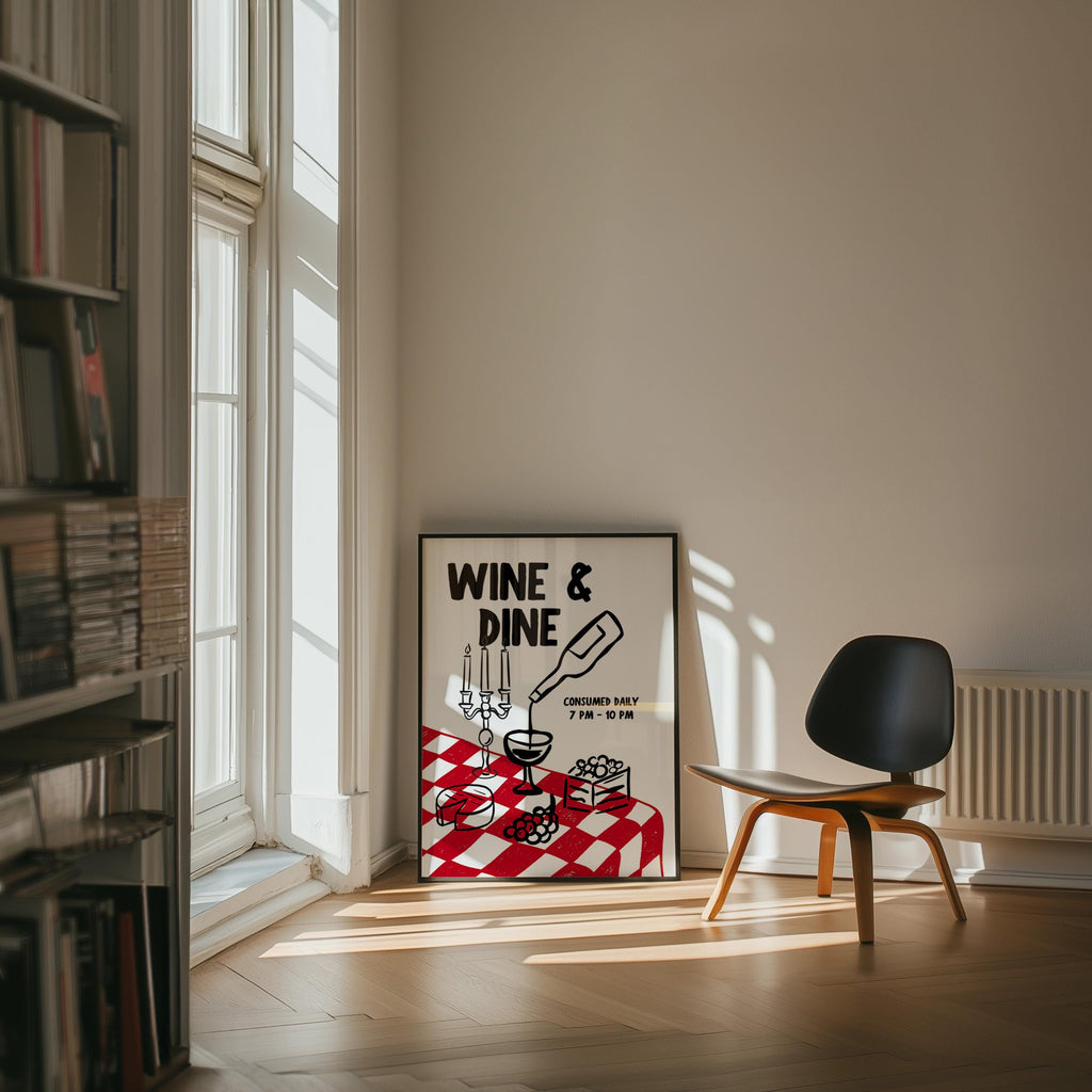 Kitchen Wall Art Set of 6, Wine & Pasta Prints, Happy Hour Poster Bundle, Red Black Minimal Kitchen Decor, Dining Room Gallery Wall Art