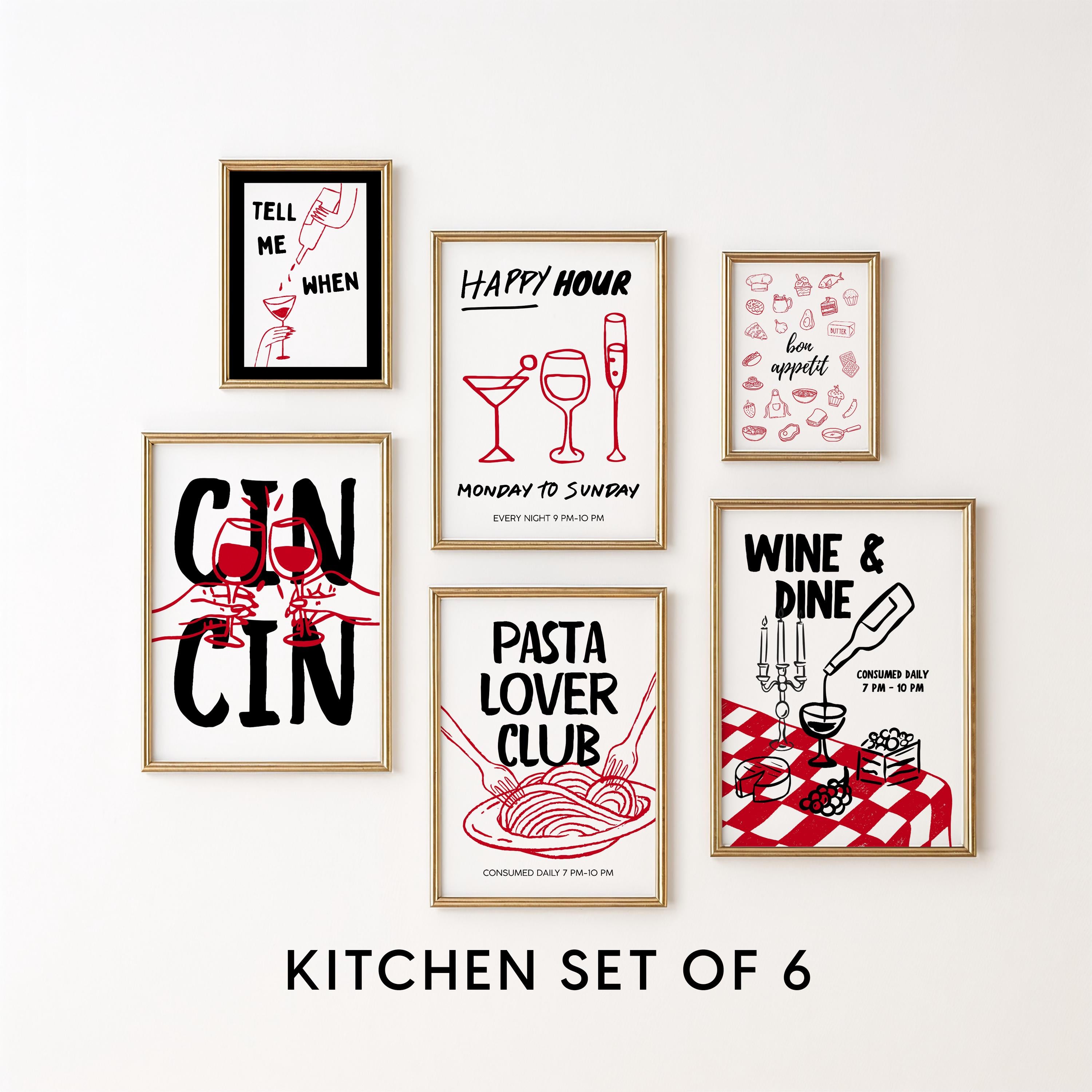 Kitchen Wall Art Set of 6, Wine & Pasta Prints, Happy Hour Poster Bundle, Red Black Minimal Kitchen Decor, Dining Room Gallery Wall Art