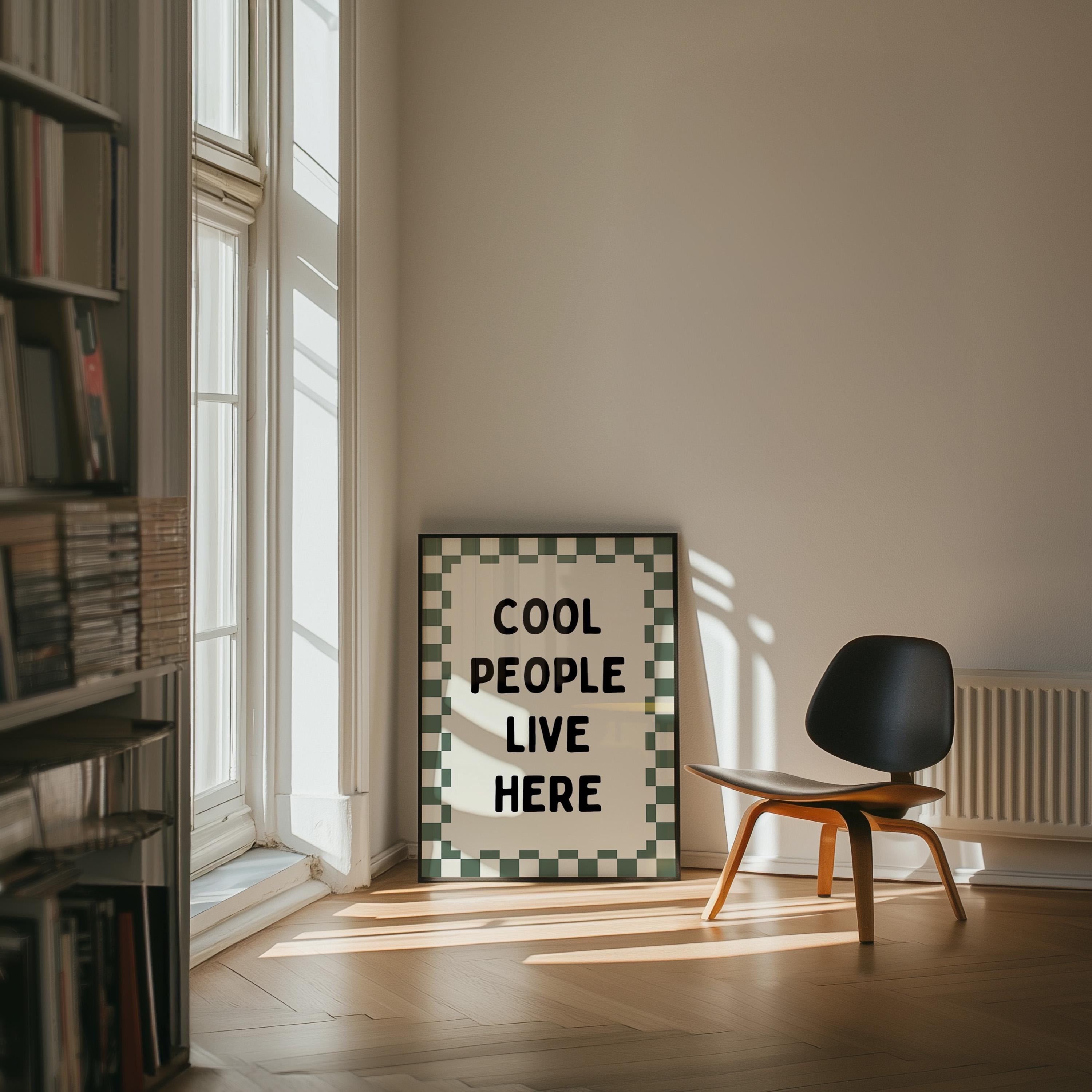 Cool People Live Here Print, Retro Kitchen Wall Art, Green Checkerboard Poster, Trendy Apartment Decor, Modern Typography Printable Art