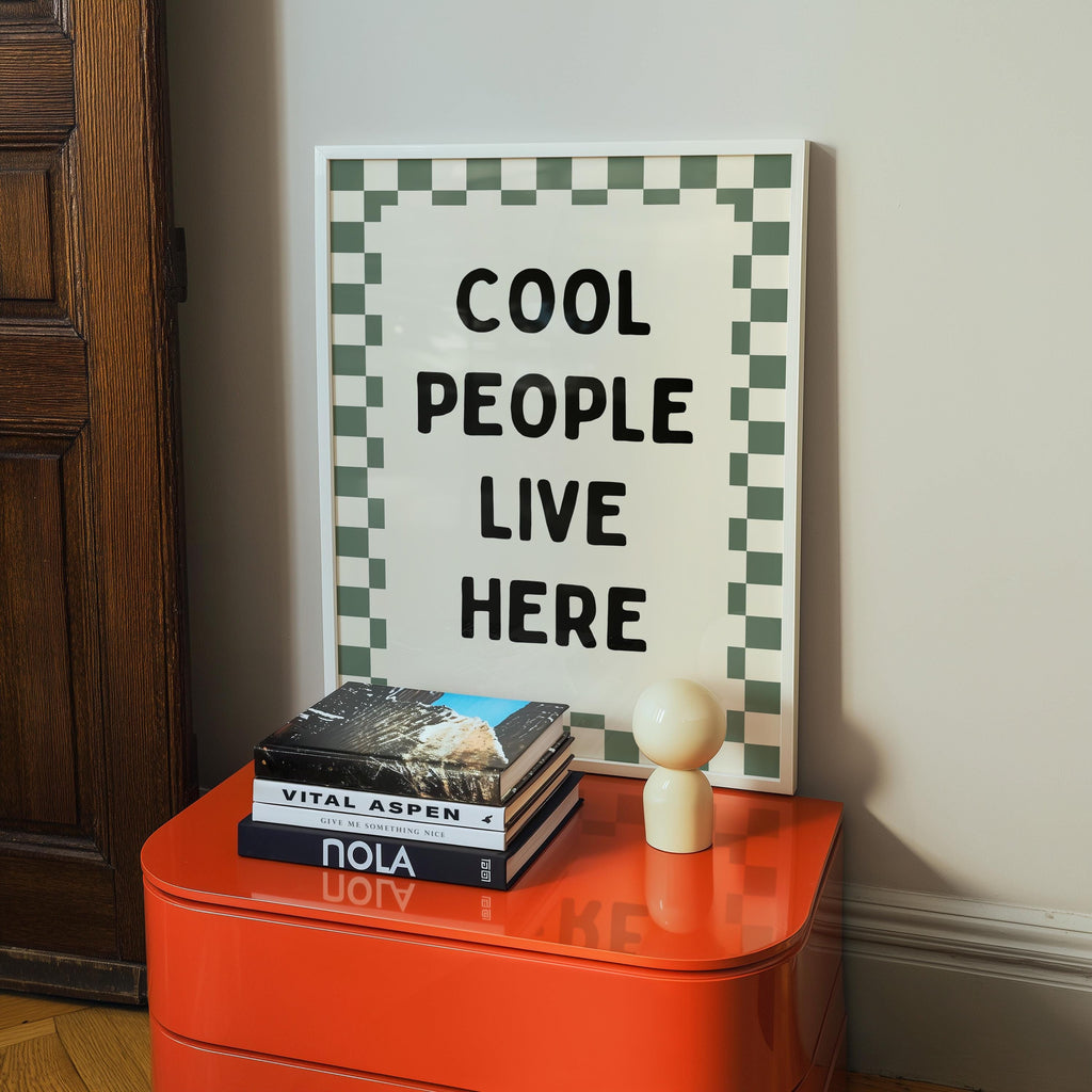 Cool People Live Here Print, Retro Kitchen Wall Art, Green Checkerboard Poster, Trendy Apartment Decor, Modern Typography Printable Art