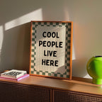 Cool People Live Here Print, Retro Kitchen Wall Art, Green Checkerboard Poster, Trendy Apartment Decor, Modern Typography Printable Art