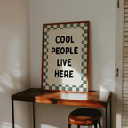 Cool People Live Here Print, Retro Kitchen Wall Art, Green Checkerboard Poster, Trendy Apartment Decor, Modern Typography Printable Art