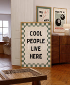 Cool People Live Here Print, Retro Kitchen Wall Art, Green Checkerboard Poster, Trendy Apartment Decor, Modern Typography Printable Art