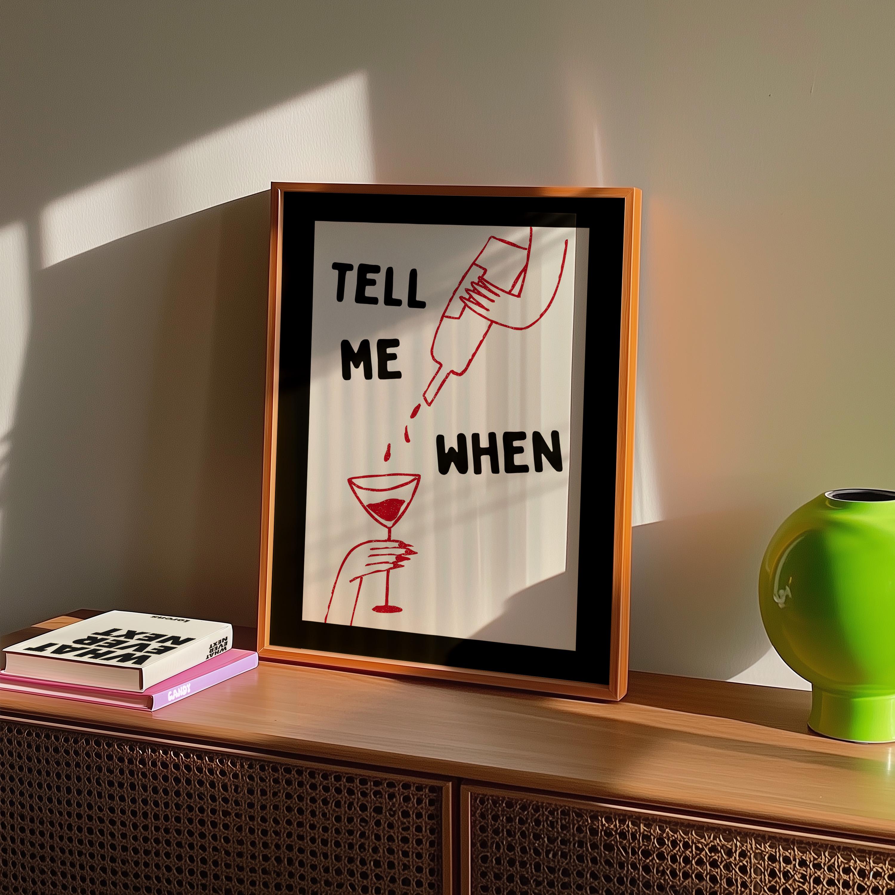 Tell Me When Printable Wall Art, Funny Cocktail Poster, Black Bar Cart Decor, Minimal Red Line Art Print, Trendy Home Bar Digital Download