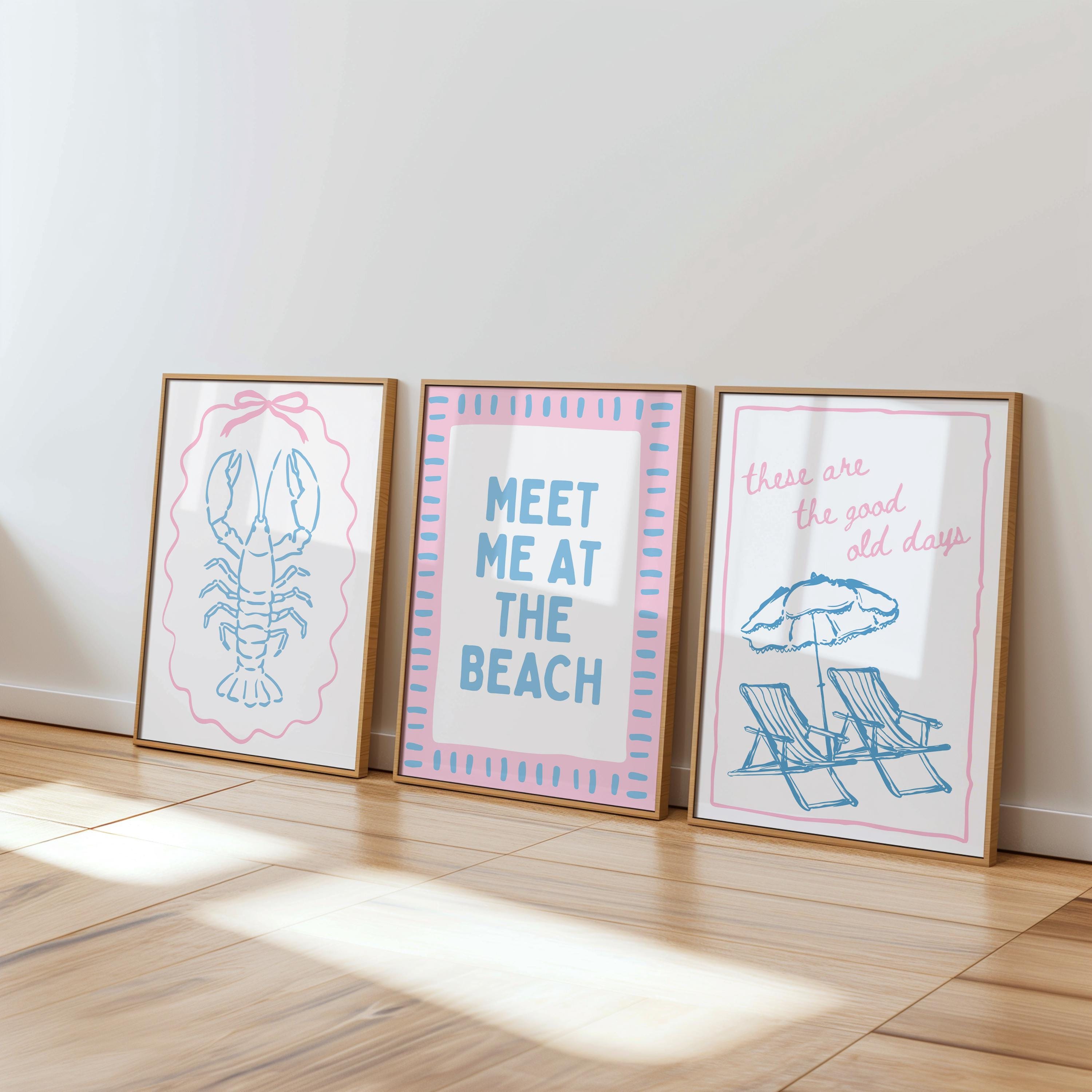 Coastal Beach Gallery Wall Set, Pink Blue Coastal Prints, Beach House Wall Art, Summer Beach Decor, Preppy Coastal Poster Set, Printable Art