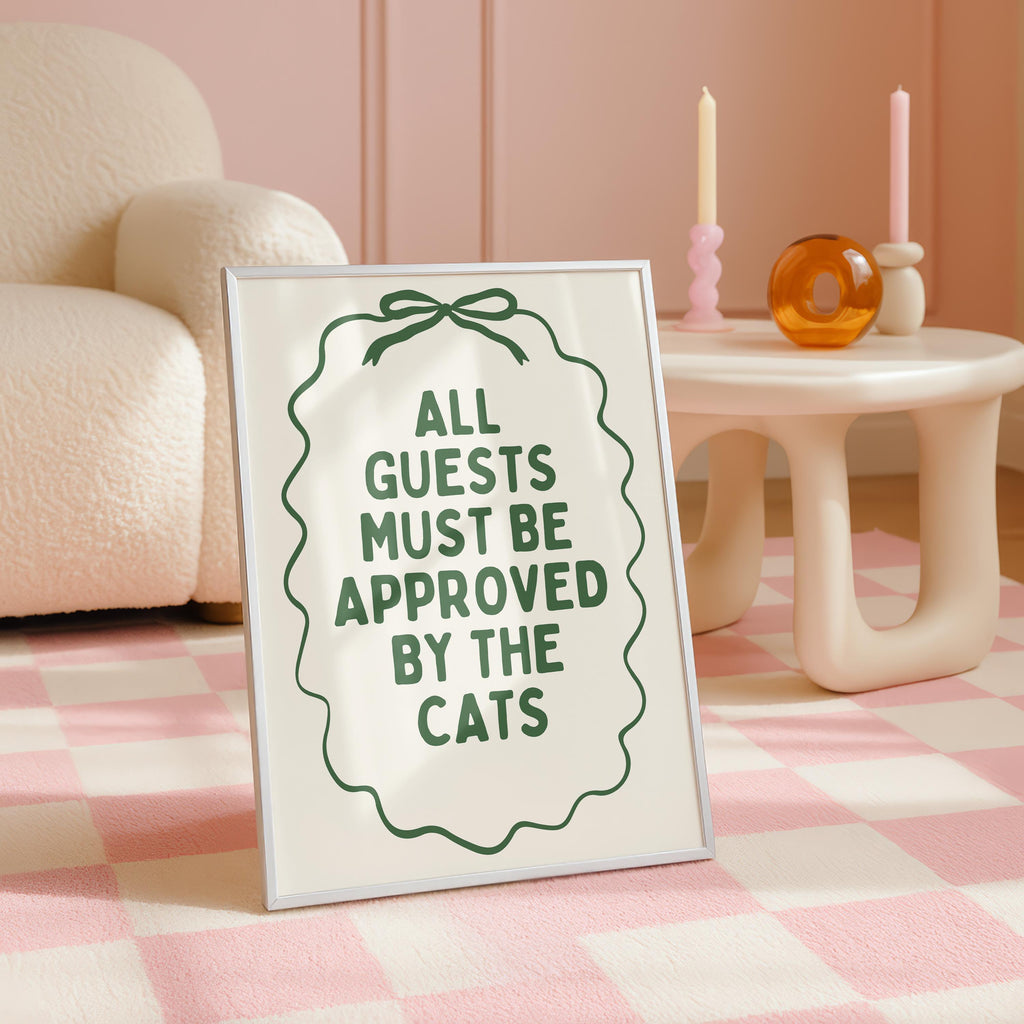 All Guests Must Be Approved By The Cats Print Wall Art, Vintage Green Cat Quote Poster, Cottagecore Cat Mom Decor, Minimal Typography Print