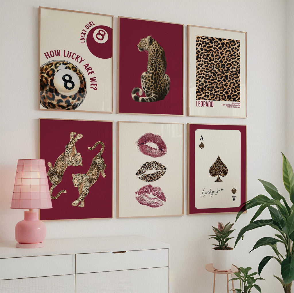 Leopard Print Wall Art Set, Coquette Leopard Gallery Wall, Cherry Lips Poster Set, Red Aesthetic Wall Decor, Trendy Fashion Wall Art Prints