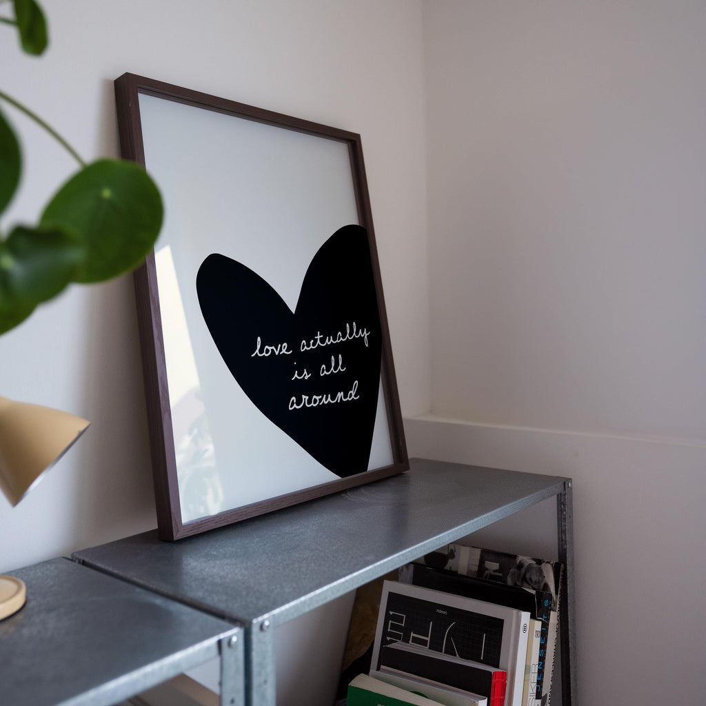Love Actually Is All Around Print, Black Heart Wall Art, Minimal Romantic Quote Poster, Modern Neutral Living Room Decor, Trendy Print