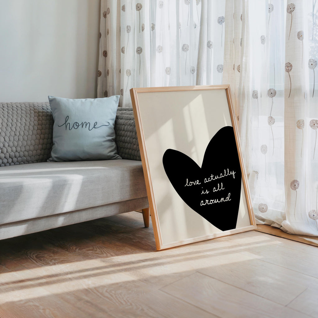 Love Actually Is All Around Print, Black Heart Wall Art, Minimal Romantic Quote Poster, Modern Neutral Living Room Decor, Trendy Print