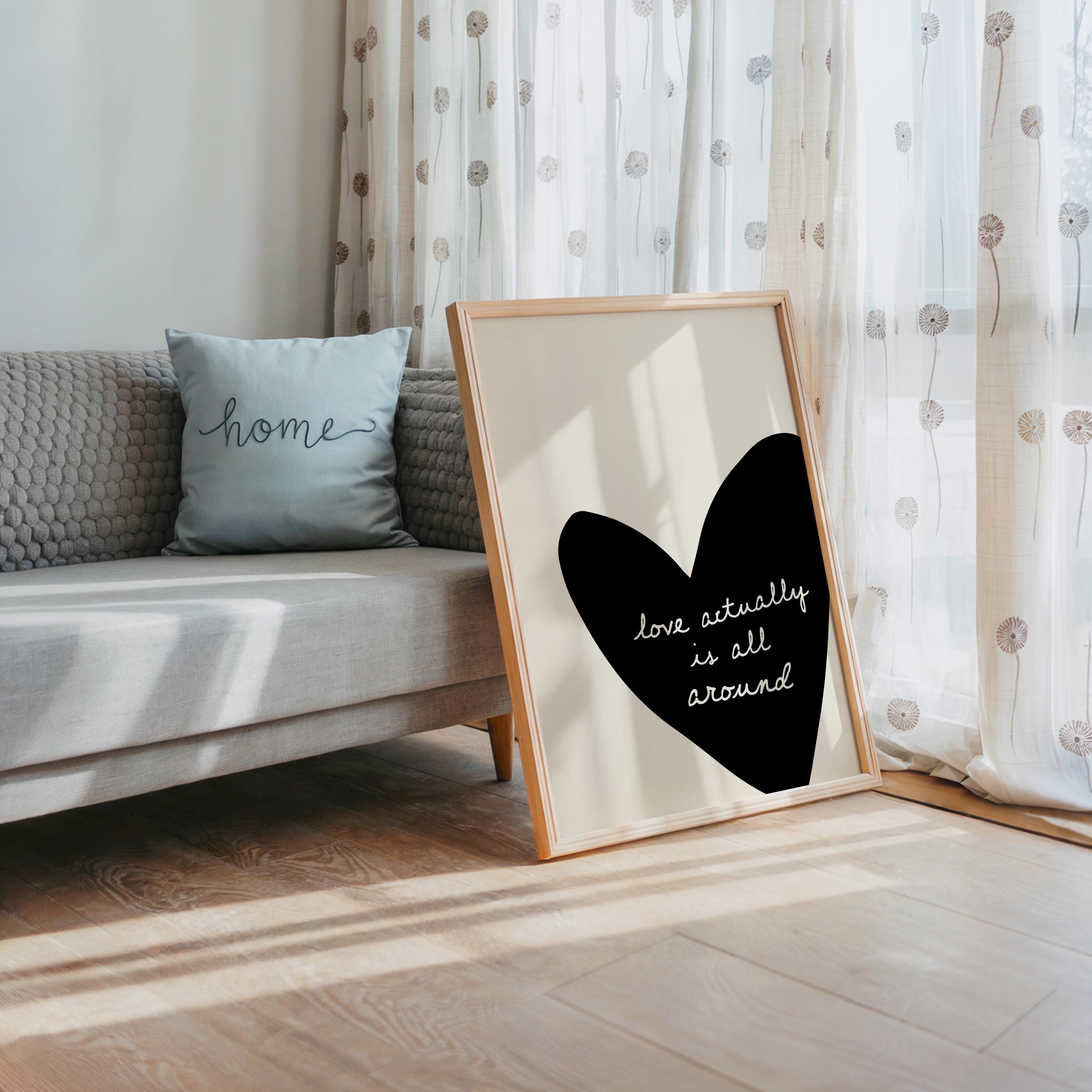 Love Actually Is All Around Print, Black Heart Wall Art, Minimal Romantic Quote Poster, Modern Neutral Living Room Decor, Trendy Print