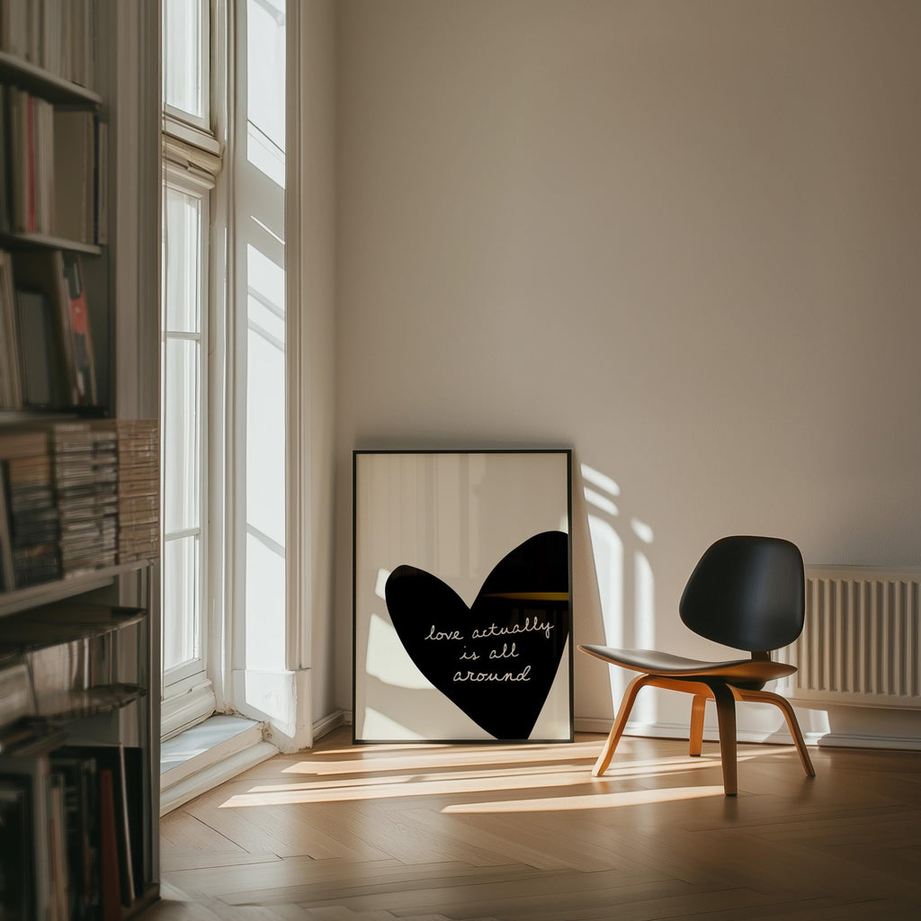 Love Actually Is All Around Print, Black Heart Wall Art, Minimal Romantic Quote Poster, Modern Neutral Living Room Decor, Trendy Print