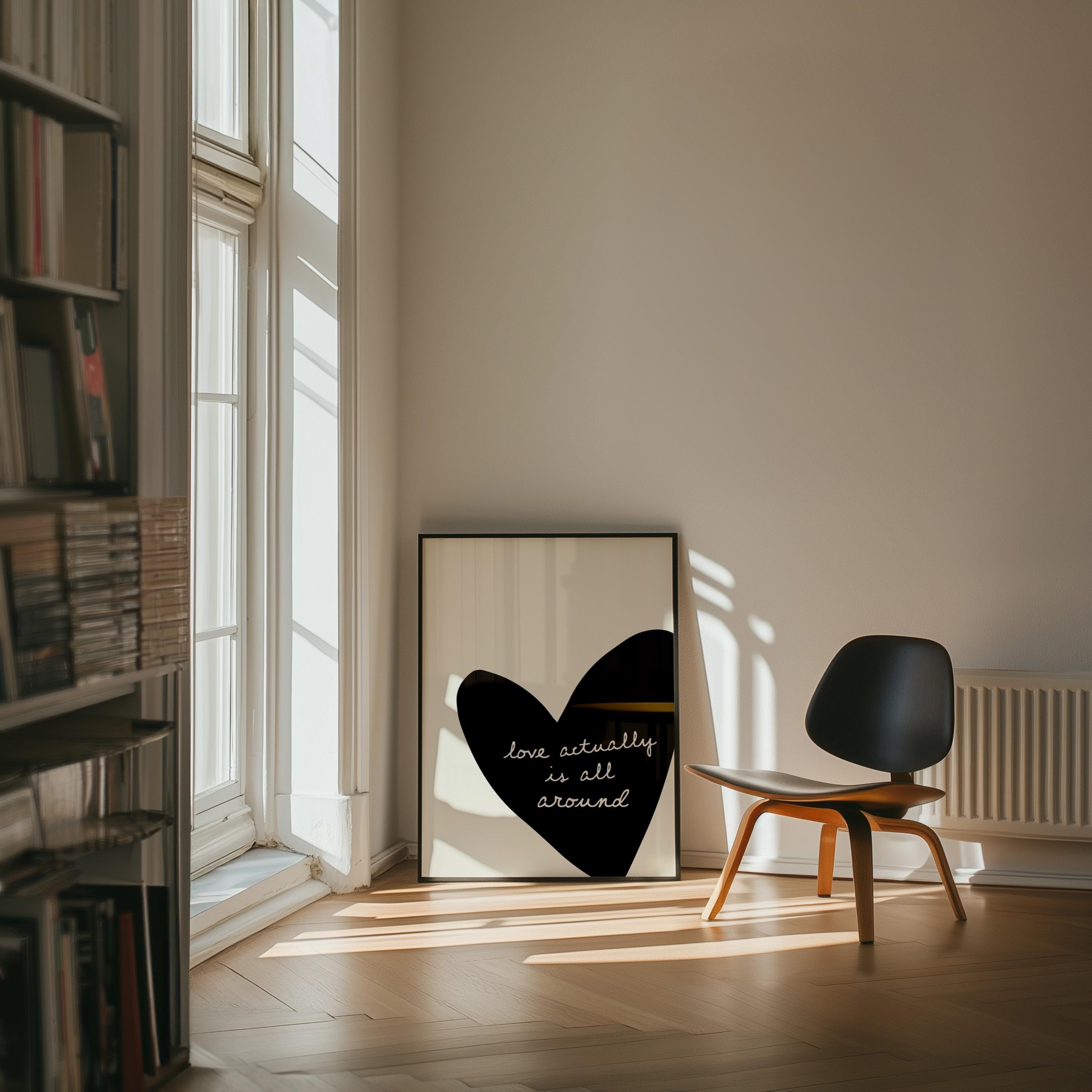 Love Actually Is All Around Print, Black Heart Wall Art, Minimal Romantic Quote Poster, Modern Neutral Living Room Decor, Trendy Print
