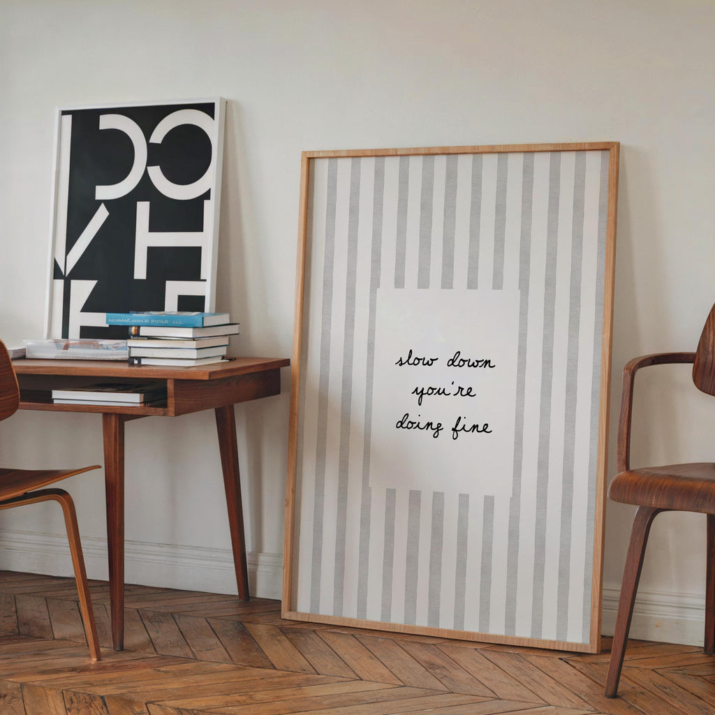Slow Down You're Doing Fine Print, Neutral Striped Wall Art, Minimal Motivational Quote Poster, Calm Aesthetic Home Decor, Trendy Print