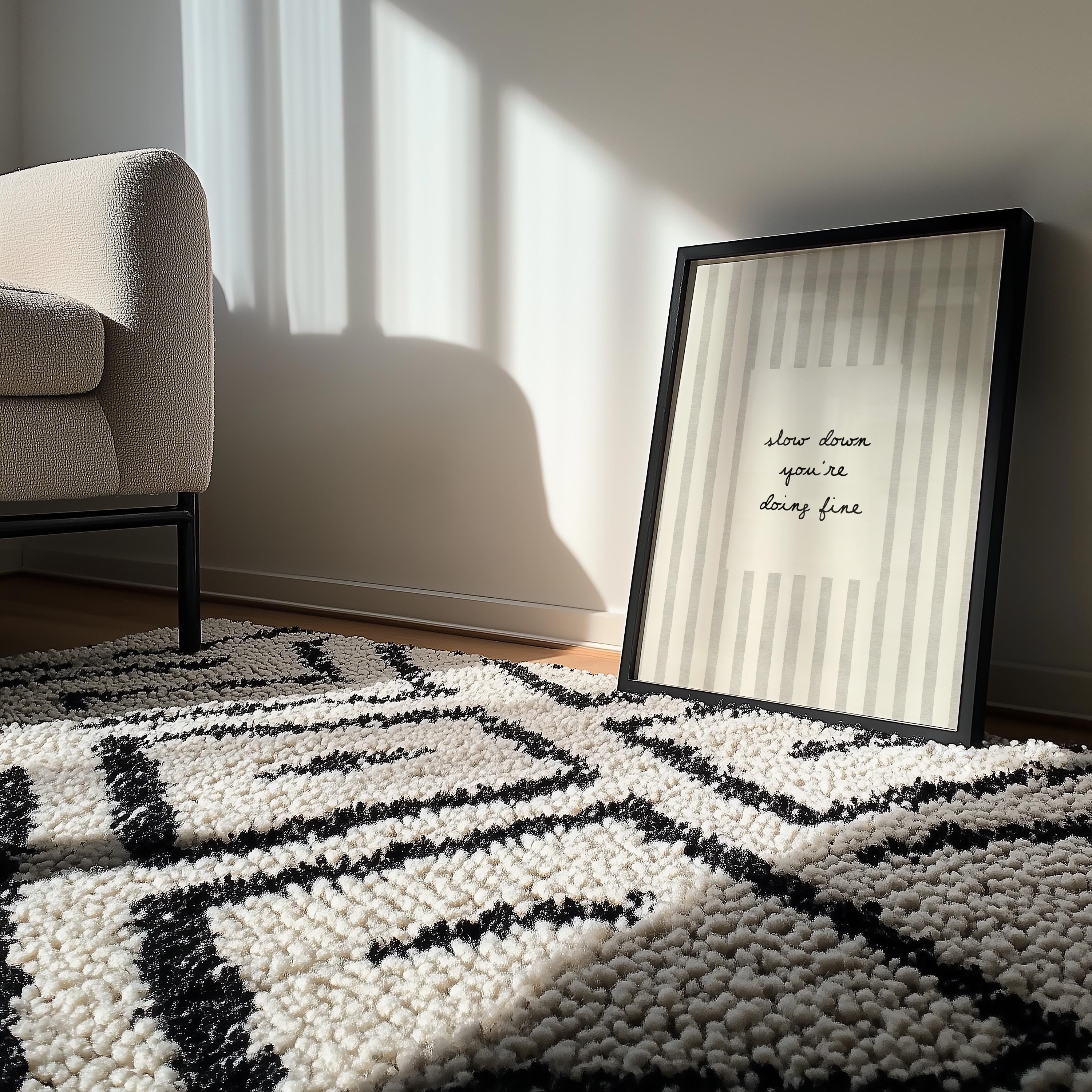 Slow Down You're Doing Fine Print, Neutral Striped Wall Art, Minimal Motivational Quote Poster, Calm Aesthetic Home Decor, Trendy Print