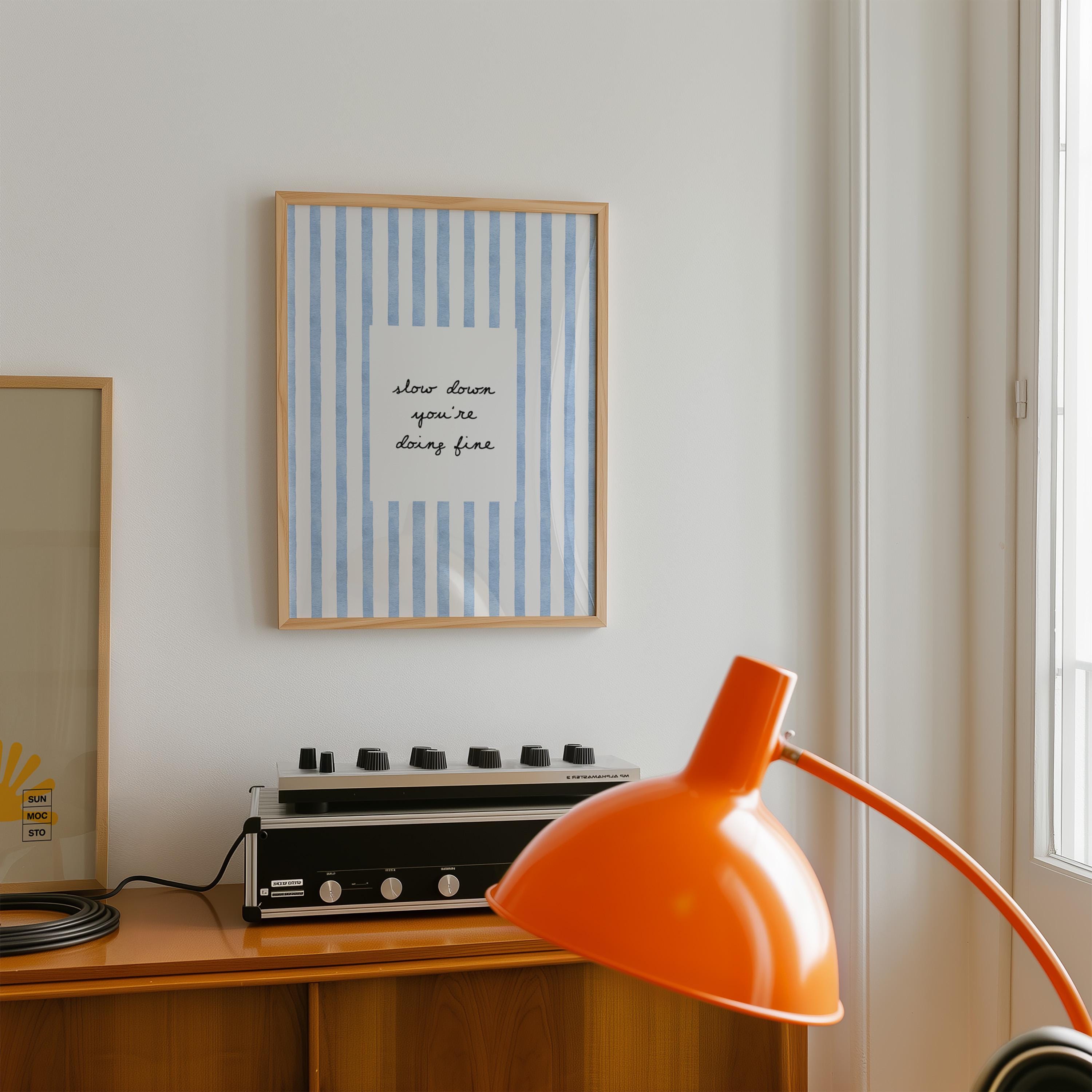 Slow Down You're Doing Fine Print, Blue Striped Wall Art, Minimal Motivational Quote Poster, Coastal Aesthetic Decor, Trendy Print