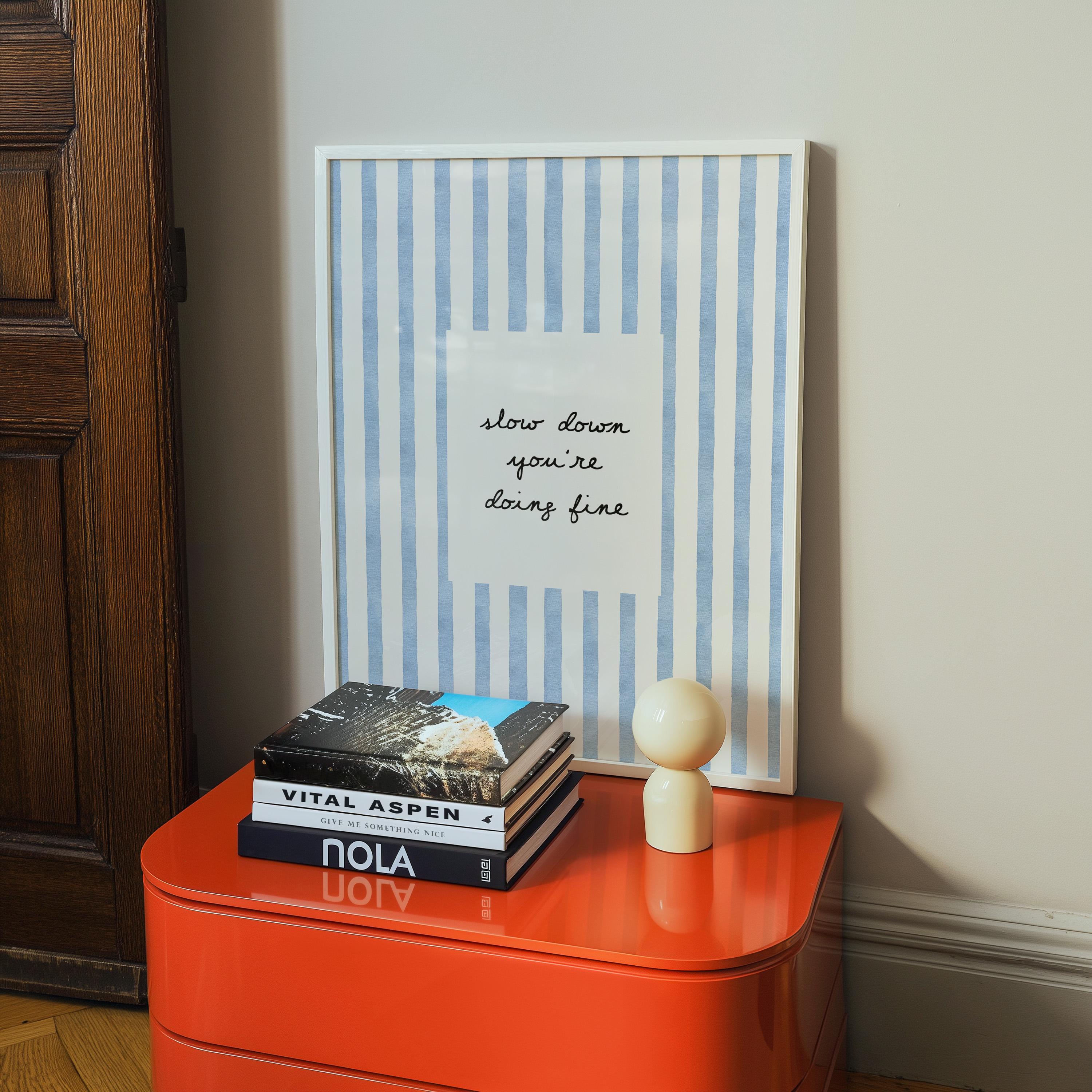 Slow Down You're Doing Fine Print, Blue Striped Wall Art, Minimal Motivational Quote Poster, Coastal Aesthetic Decor, Trendy Print