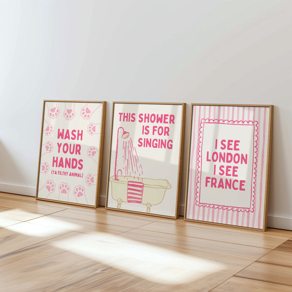 Funny Bathroom Wall Art Set, Pink Bathroom Decor Prints, Cute Goose Bathroom Poster, Funny Toilet Sign, Retro Bathroom Gallery Wall Bundle