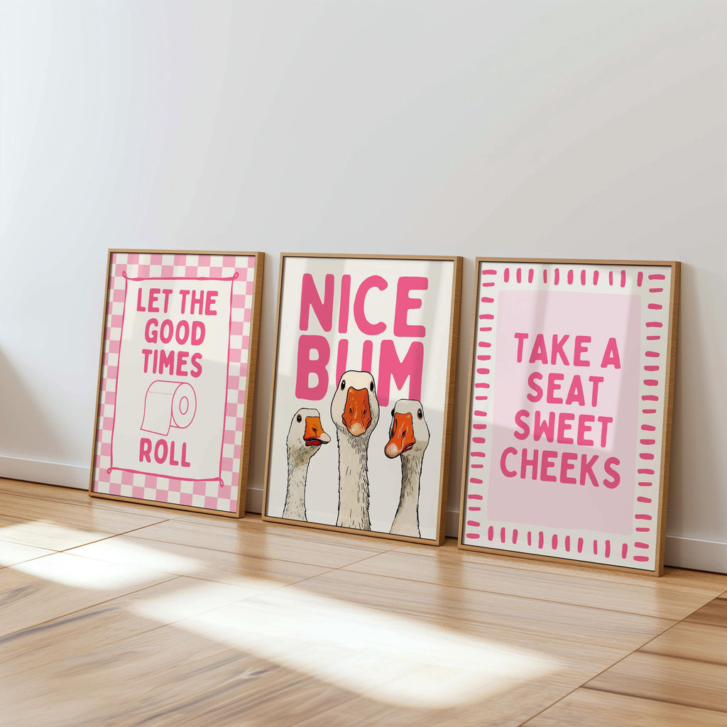 Funny Bathroom Wall Art Set, Pink Bathroom Decor Prints, Cute Goose Bathroom Poster, Funny Toilet Sign, Retro Bathroom Gallery Wall Bundle