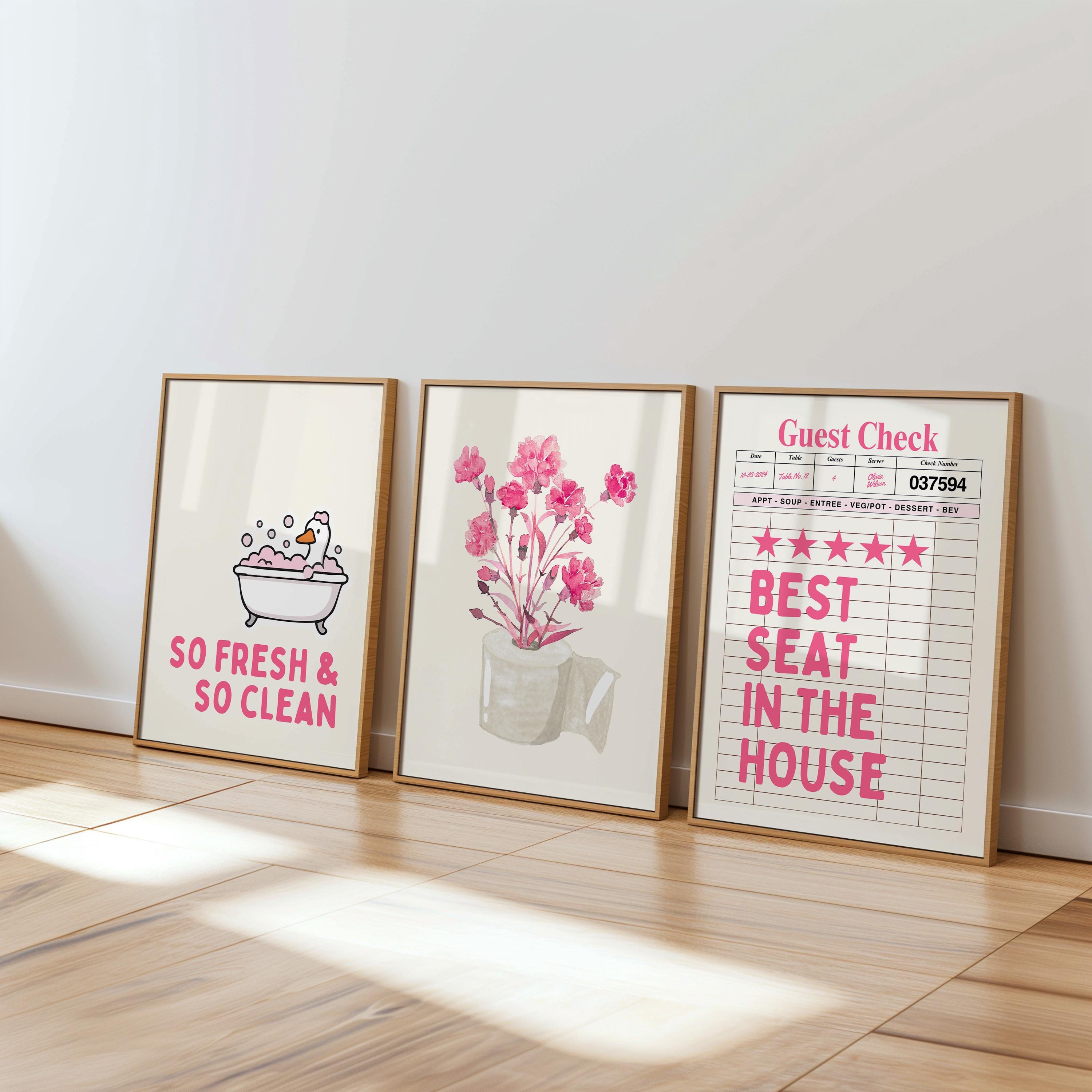 Funny Bathroom Wall Art Set, Pink Bathroom Decor Prints, Cute Goose Bathroom Poster, Funny Toilet Sign, Retro Bathroom Gallery Wall Bundle