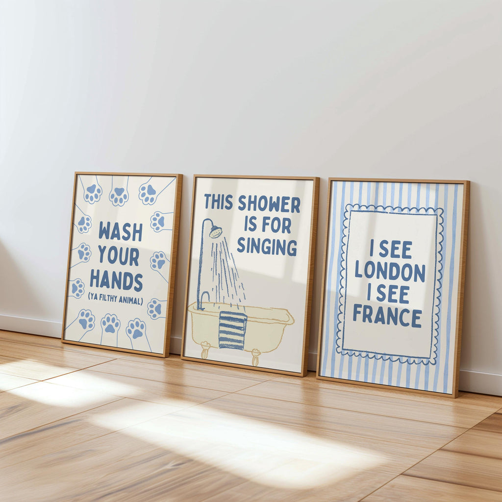 Funny Bathroom Wall Art Set, Blue Bathroom Decor Prints, Goose Bathroom Poster, Vintage Bathroom Gallery Wall, Funny Toilet Signs Bundle