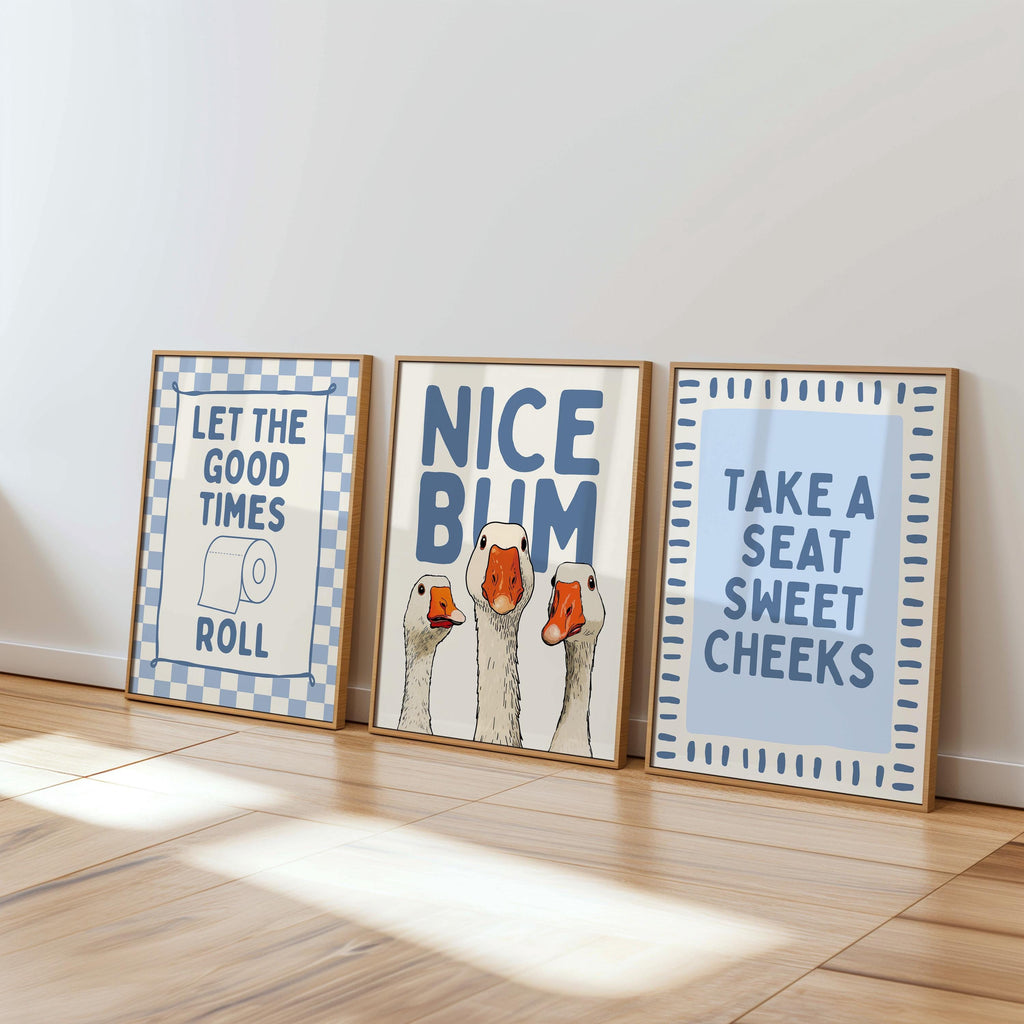 Funny Bathroom Wall Art Set, Blue Bathroom Decor Prints, Goose Bathroom Poster, Vintage Bathroom Gallery Wall, Funny Toilet Signs Bundle