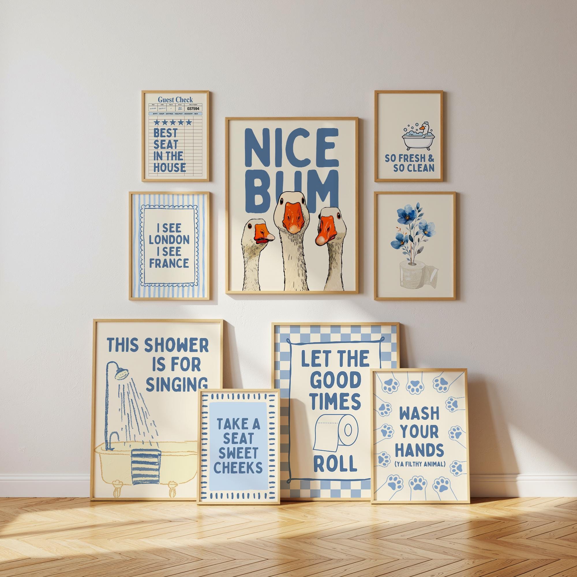 Funny Bathroom Wall Art Set, Blue Bathroom Decor Prints, Goose Bathroom Poster, Vintage Bathroom Gallery Wall, Funny Toilet Signs Bundle