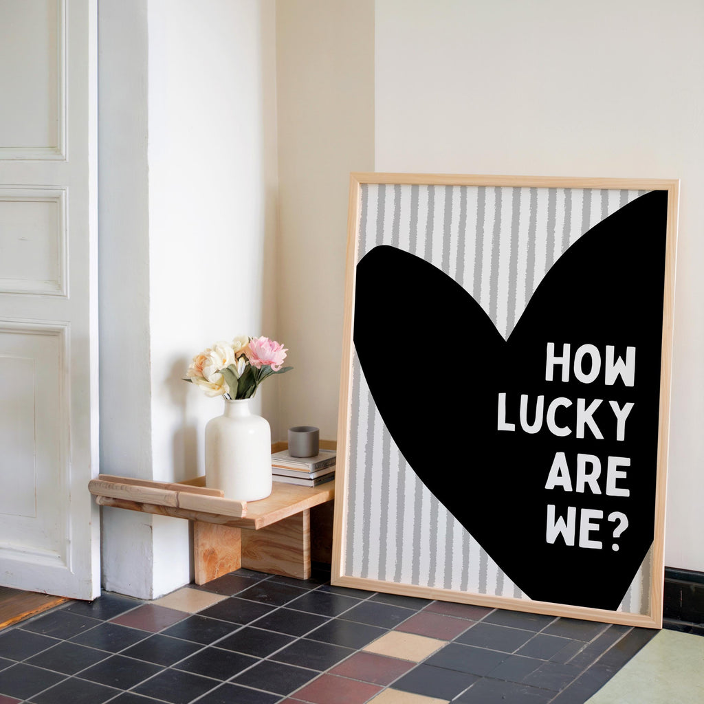 How Lucky Are We Print, Romantic Love Quote Wall Art, Minimal Scandinavian Heart Poster, Neutral Bedroom Decor, Couple Valentine Gift