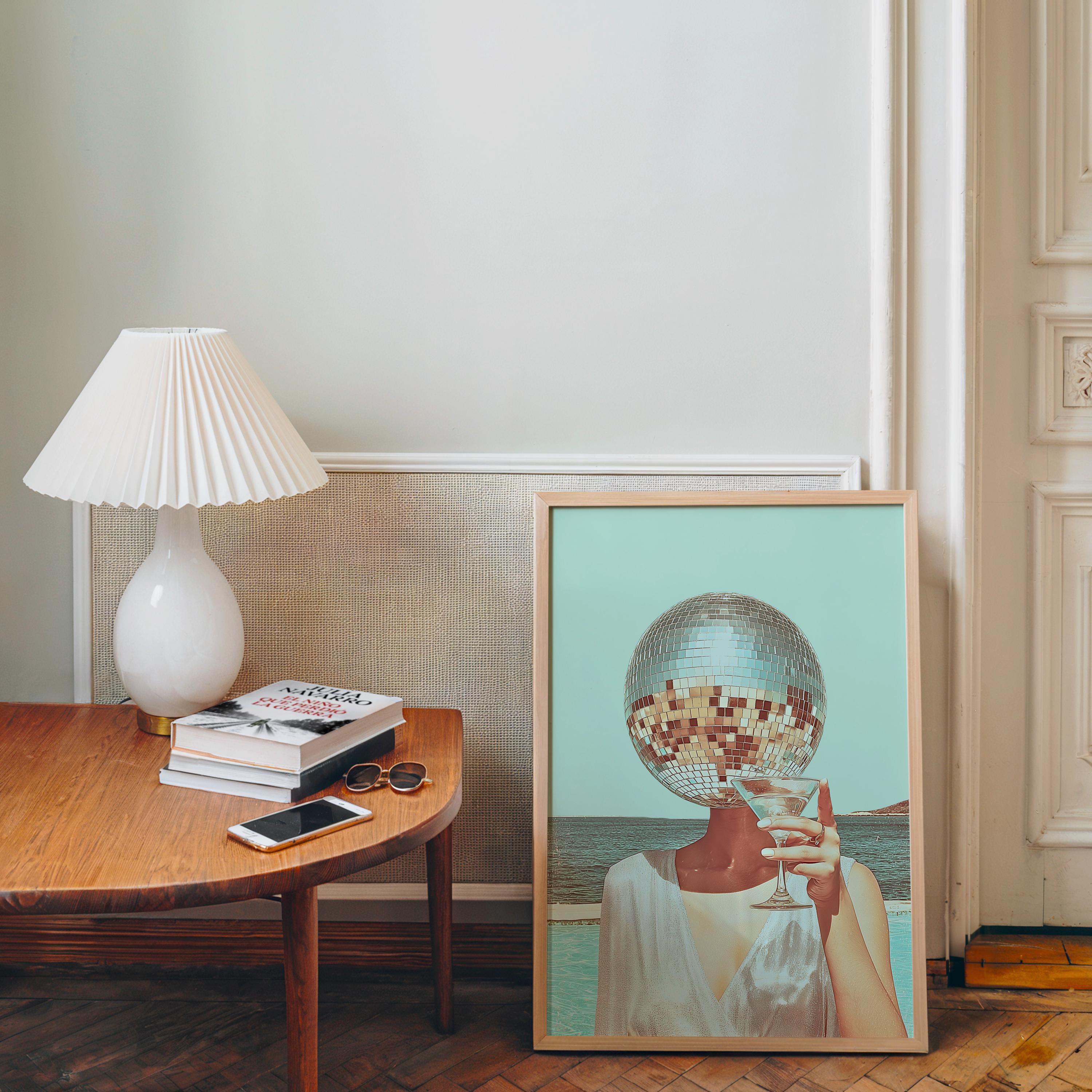 Disco Ball Head Woman Print, Surreal Cocktail Wall Art, Retro Mint Aesthetic Poster, Funky Bar Cart Decor, Trendy Summer Print