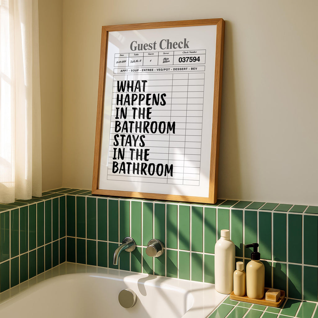 What Happens In The Bathroom Stays In The Bathroom Print, Funny Guest Check Poster, Minimal Bathroom Wall Art, Modern Typography Decor