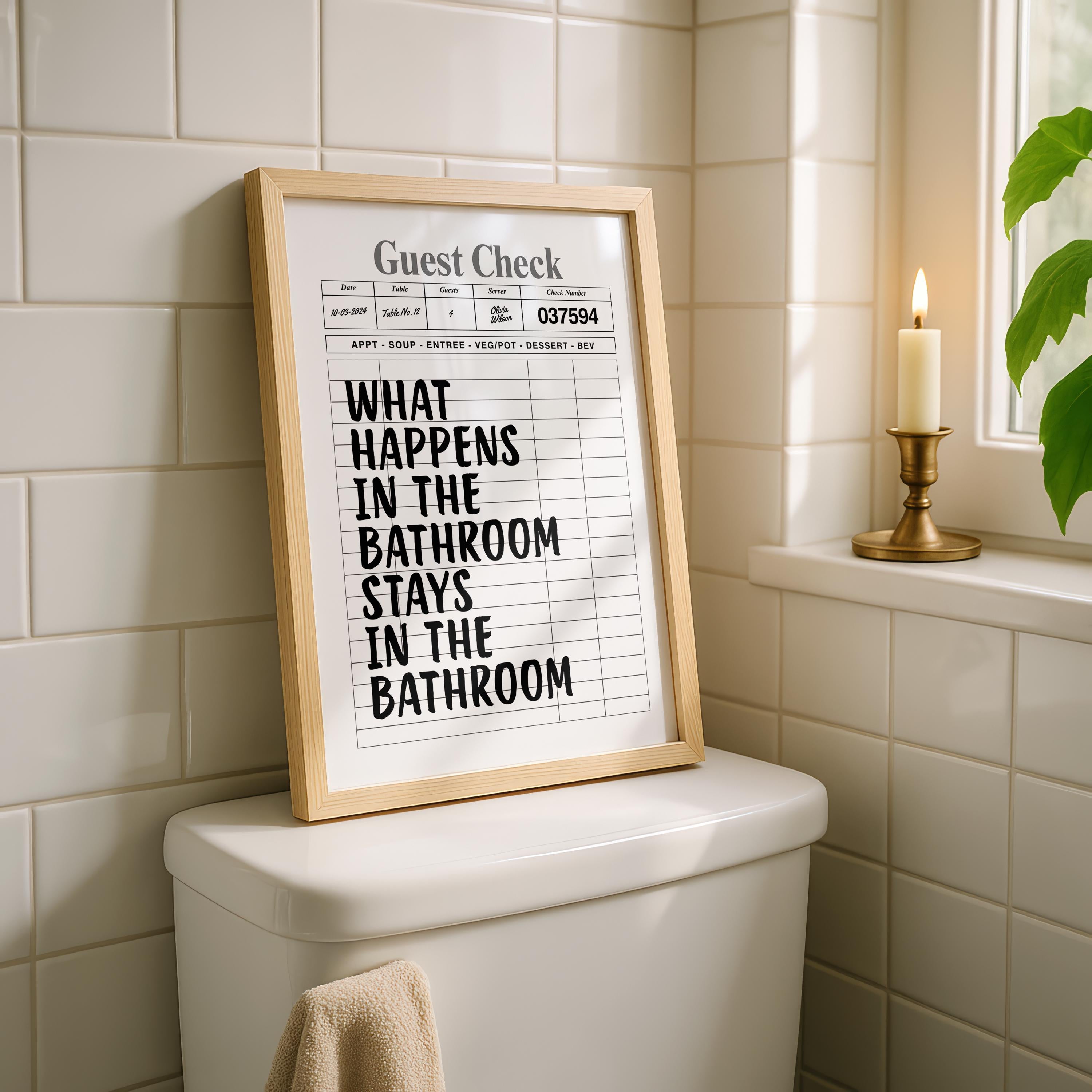 What Happens In The Bathroom Stays In The Bathroom Print, Funny Guest Check Poster, Minimal Bathroom Wall Art, Modern Typography Decor