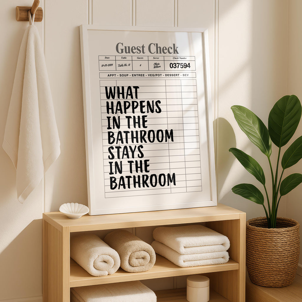 What Happens In The Bathroom Stays In The Bathroom Print, Funny Guest Check Poster, Minimal Bathroom Wall Art, Modern Typography Decor