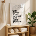 What Happens In The Bathroom Stays In The Bathroom Print, Funny Guest Check Poster, Minimal Bathroom Wall Art, Modern Typography Decor