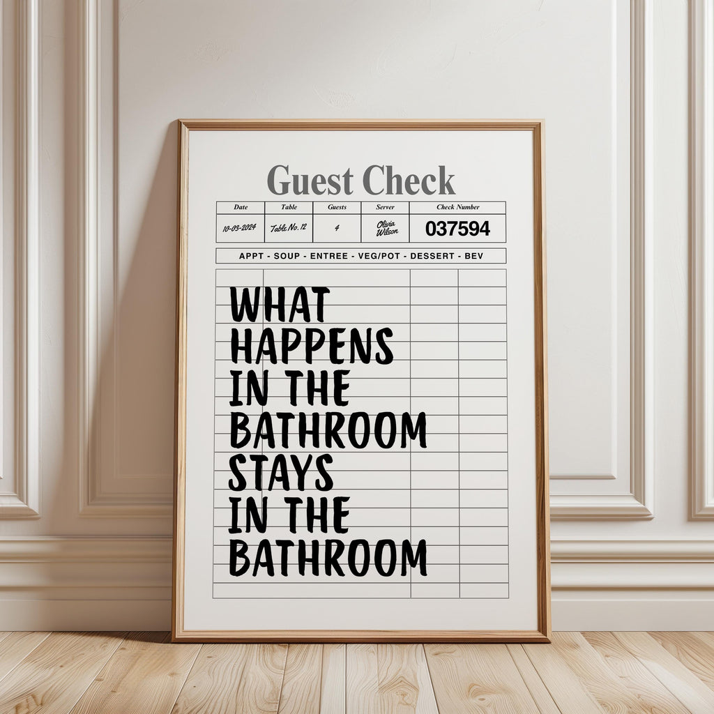 What Happens In The Bathroom Stays In The Bathroom Print, Funny Guest Check Poster, Minimal Bathroom Wall Art, Modern Typography Decor