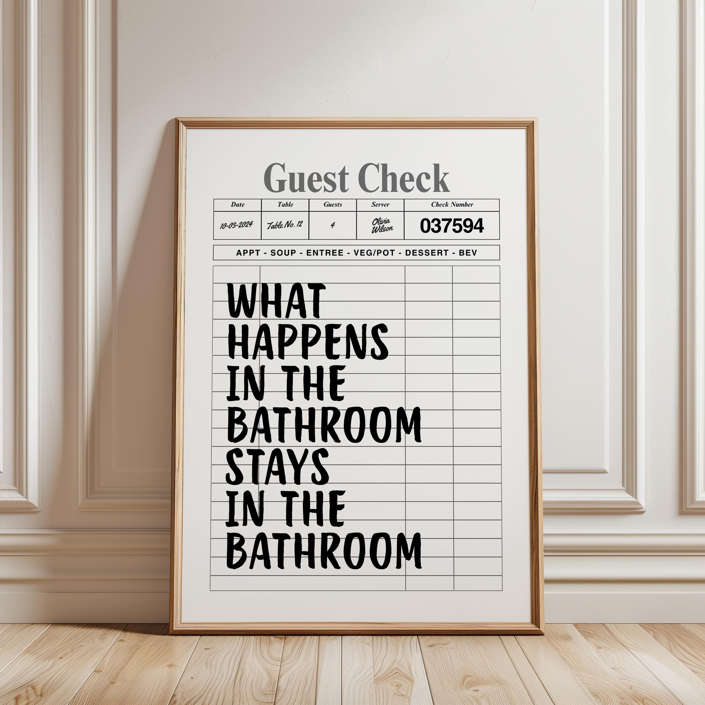 What Happens In The Bathroom Stays In The Bathroom Print, Funny Guest Check Poster, Minimal Bathroom Wall Art, Modern Typography Decor