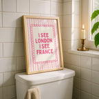 Pink I See London I See France Print, Funny Bathroom Wall Art, Pink Stripe Poster, Cute Bathroom Decor, Minimalist Typography Wall Art