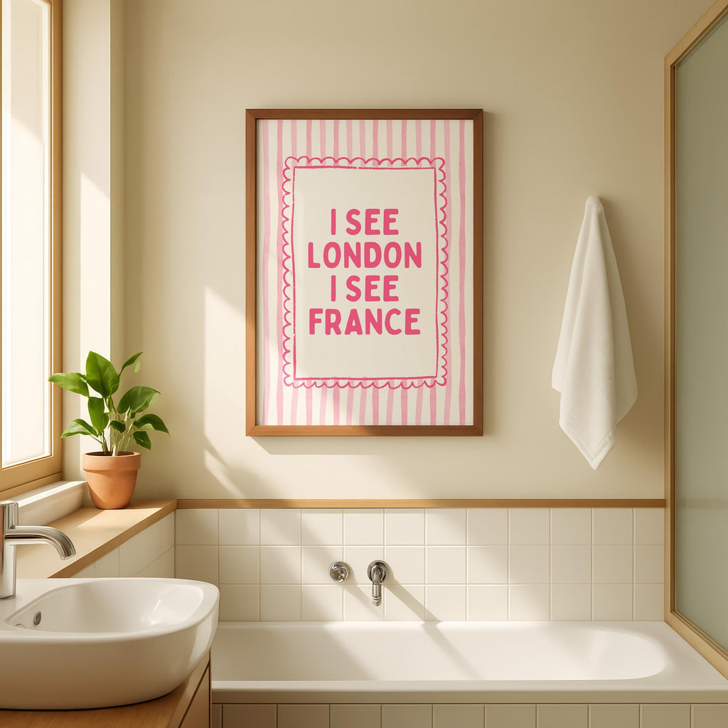 Pink I See London I See France Print, Funny Bathroom Wall Art, Pink Stripe Poster, Cute Bathroom Decor, Minimalist Typography Wall Art