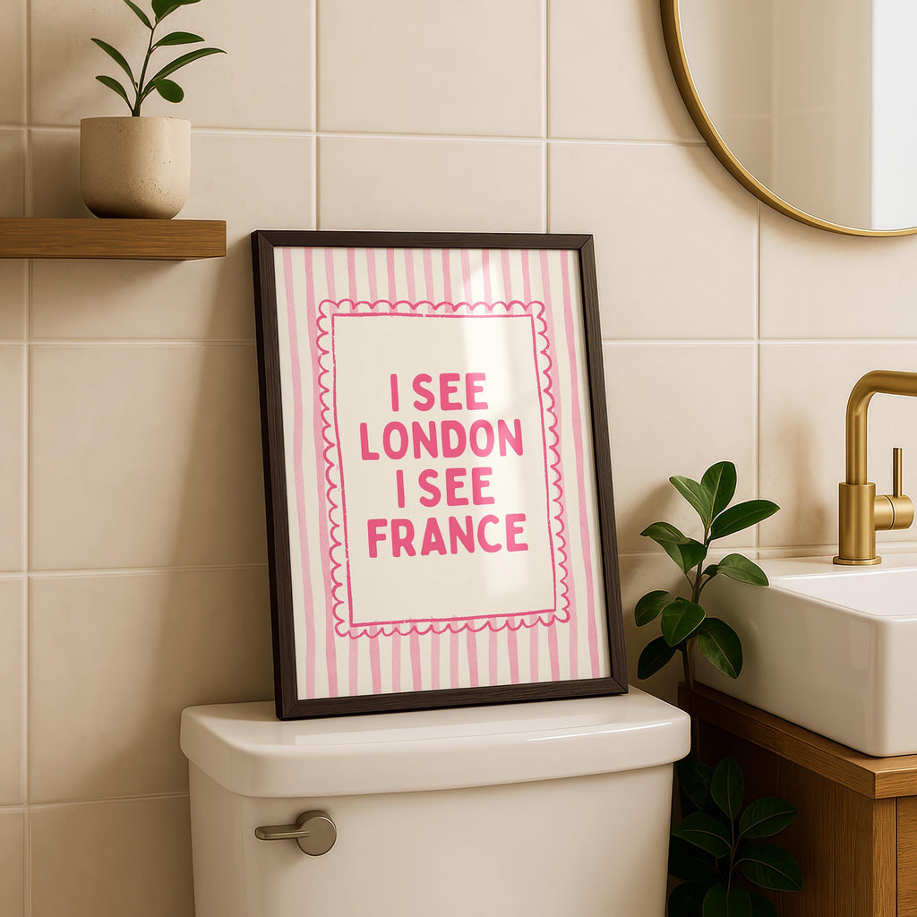 Pink I See London I See France Print, Funny Bathroom Wall Art, Pink Stripe Poster, Cute Bathroom Decor, Minimalist Typography Wall Art