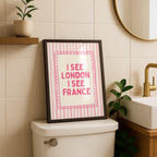Pink I See London I See France Print, Funny Bathroom Wall Art, Pink Stripe Poster, Cute Bathroom Decor, Minimalist Typography Wall Art