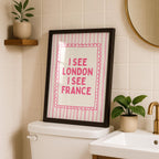 Pink I See London I See France Print, Funny Bathroom Wall Art, Pink Stripe Poster, Cute Bathroom Decor, Minimalist Typography Wall Art
