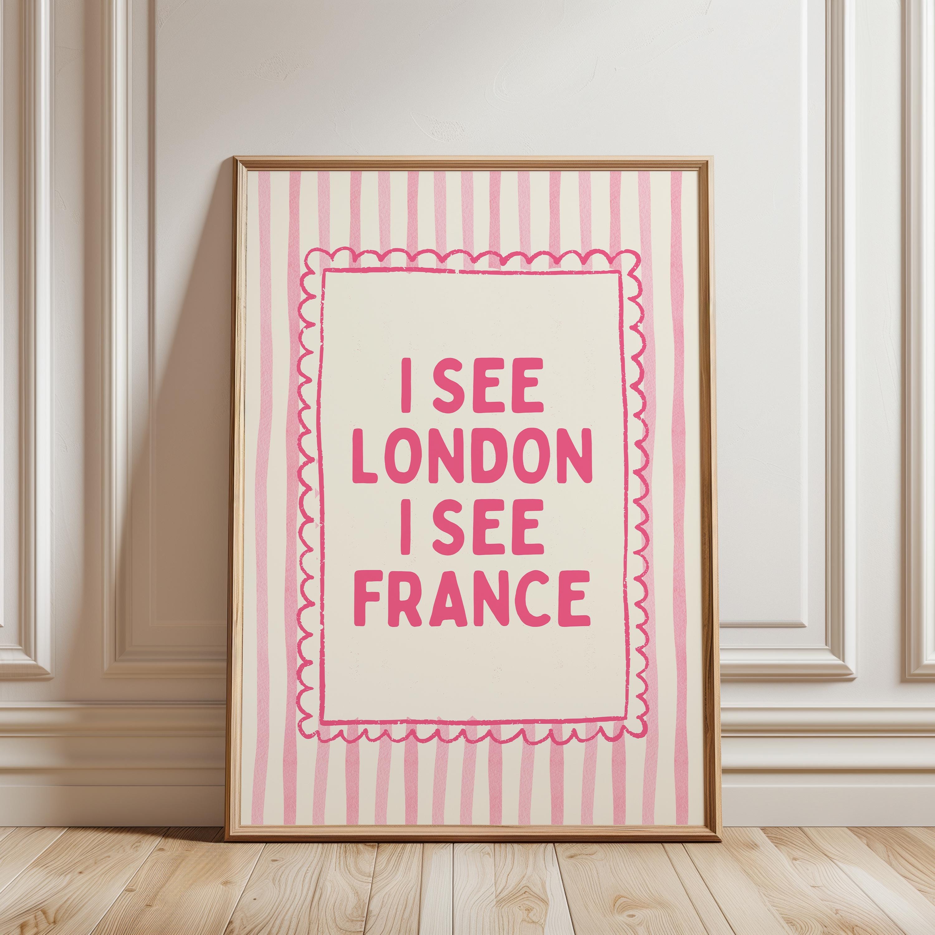 Pink I See London I See France Print, Funny Bathroom Wall Art, Pink Stripe Poster, Cute Bathroom Decor, Minimalist Typography Wall Art