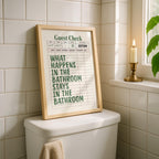 What Happens In The Bathroom Stays In The Bathroom Print, Funny Bathroom Wall Art, Green Typography Poster, Guest Check Bathroom Sign