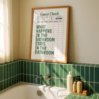 What Happens In The Bathroom Stays In The Bathroom Print, Funny Bathroom Wall Art, Green Typography Poster, Guest Check Bathroom Sign