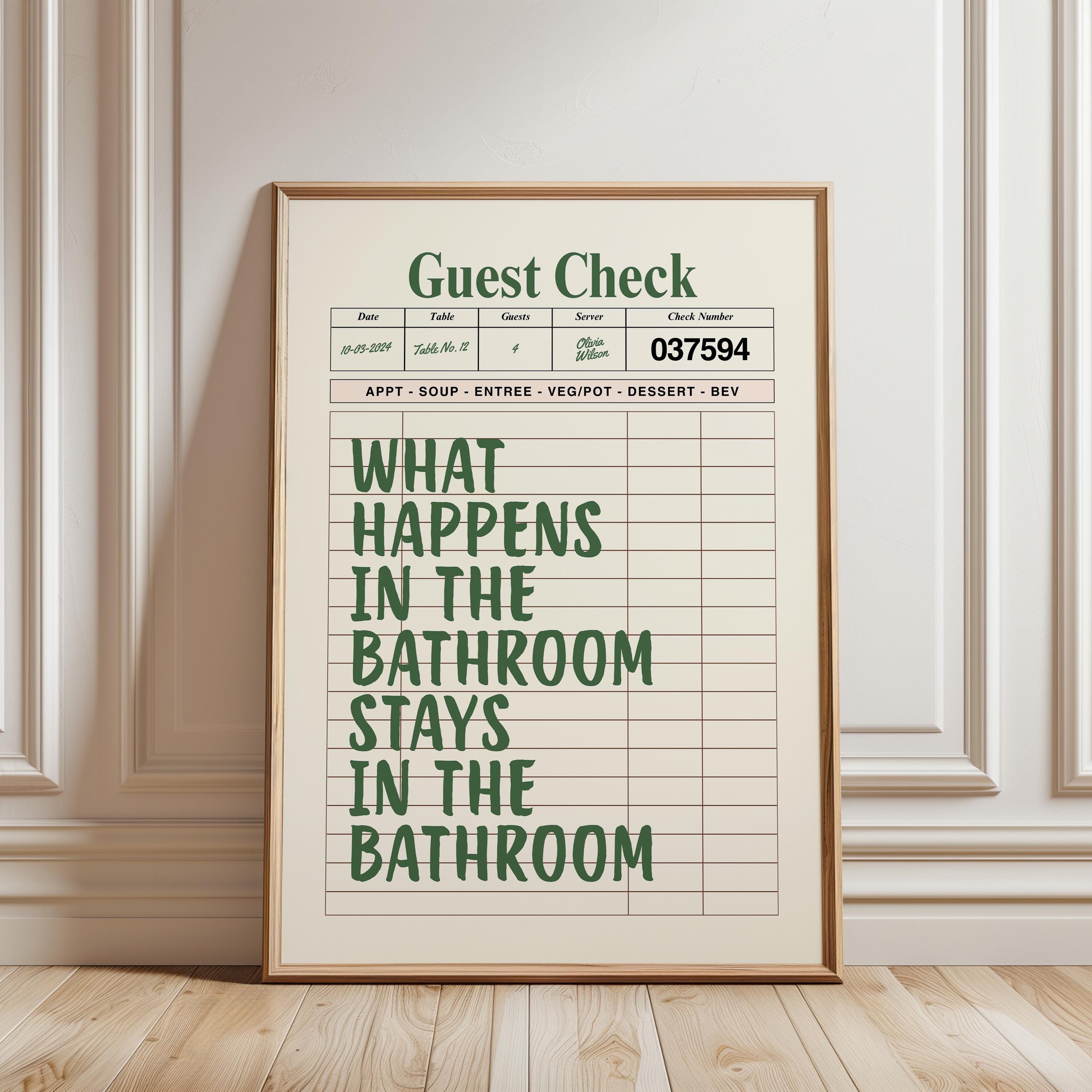 What Happens In The Bathroom Stays In The Bathroom Print, Funny Bathroom Wall Art, Green Typography Poster, Guest Check Bathroom Sign