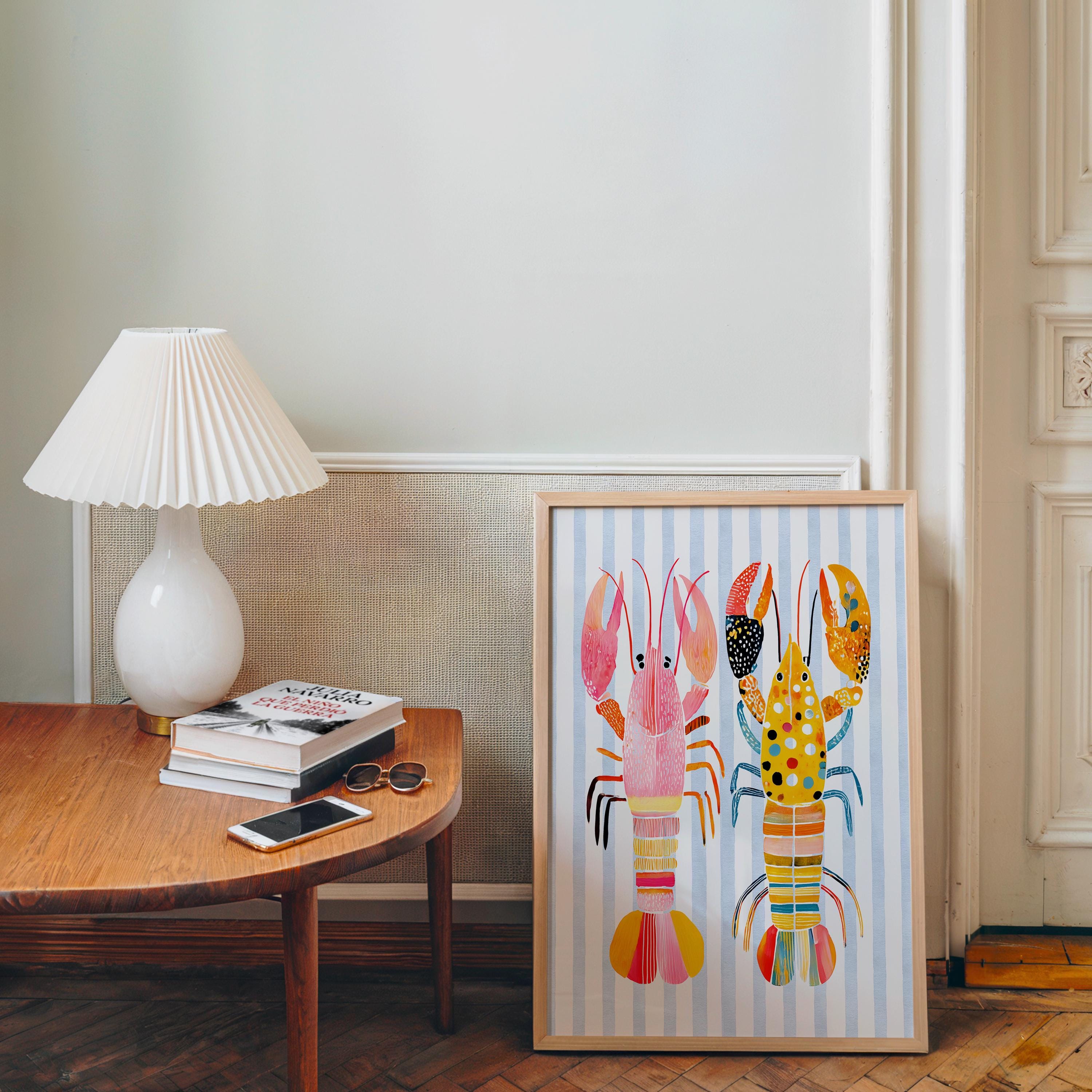 Colorful Lobster Wall Art Print, Coastal Striped Seafood Poster, Nautical Beach House Decor, Summer Ocean Printable Art, Trendy Print