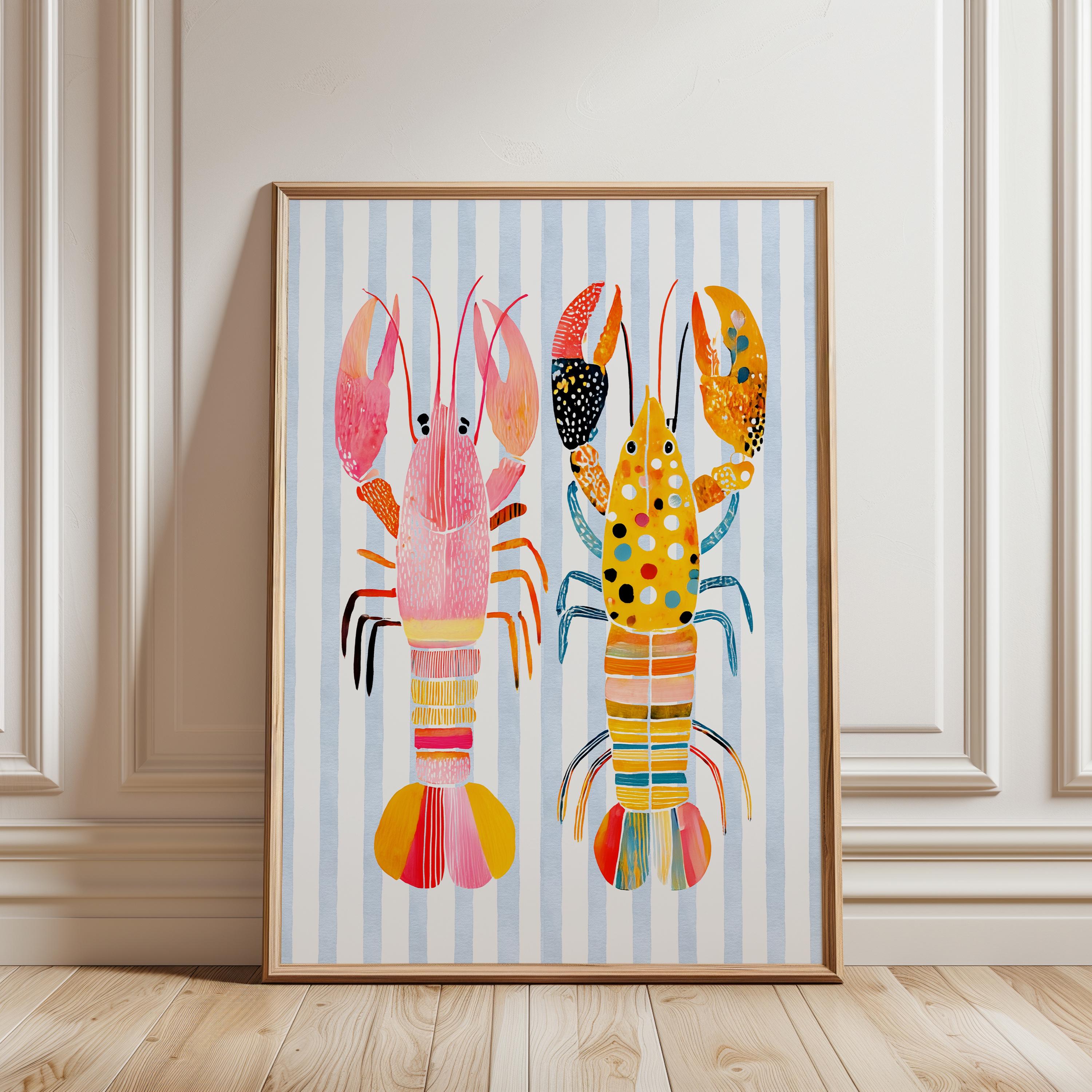 Colorful Lobster Wall Art Print, Coastal Striped Seafood Poster, Nautical Beach House Decor, Summer Ocean Printable Art, Trendy Print